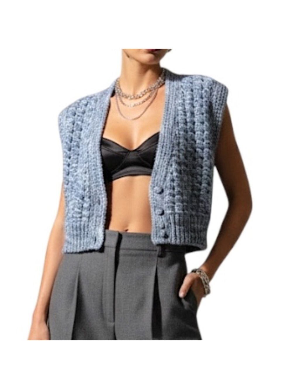 Retro cropped hand knit grey blue melange old money sweater vest - Picture 3 of 13